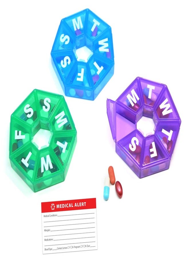 pill thing Pillthing Weekly 7 Sided Pill Organzier 3 pack 1 each of Blue Green Purple. Small Pill Box for Travel with Medical Alert Card - Image 1